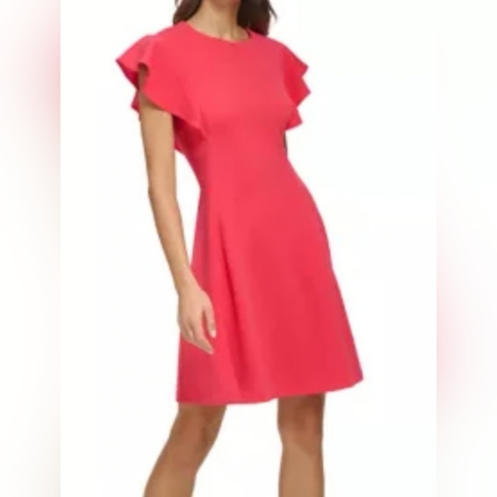 DKNY 129 Short BoatNeck Ruffle Scuba Crepe Fit/Flare Dress Melon. Size 8